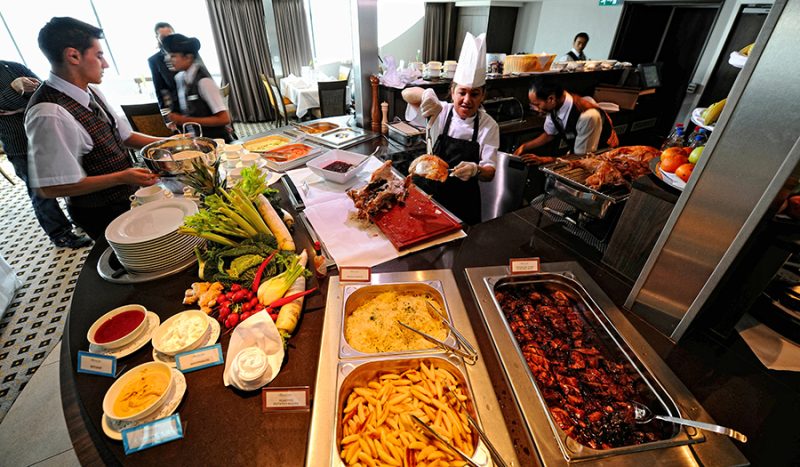 Avalon Felicity's lunch buffet includes pasta and carving stations.