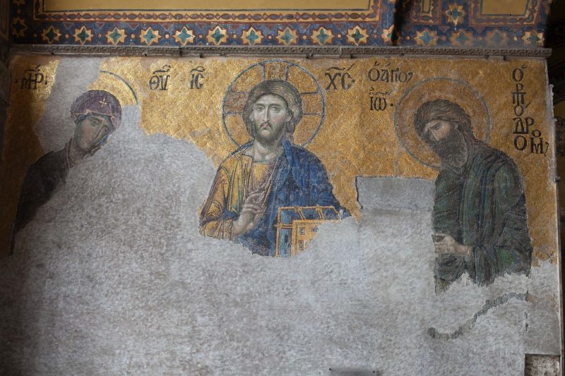 A relief of Jesus Christ and two of the apostles inside Istanbul's Hagia Sophia in Istanbul, built in the 6th century A.D. as a Greek Orthodox church.