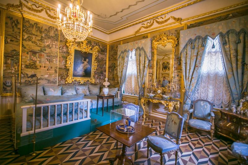 The Divan Room, one of the State Bedrooms in Peterhof Palace near St. Petersburg, Russia.