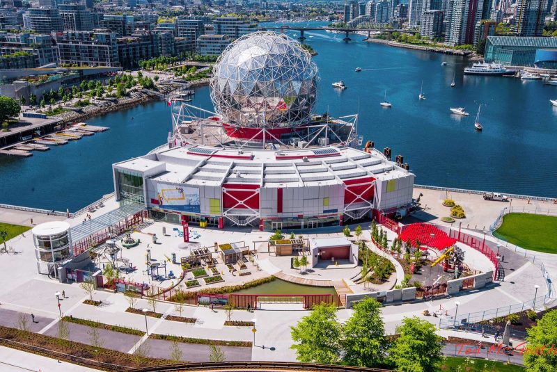 An aerial photo of Science World in Vancouver, British Columbia