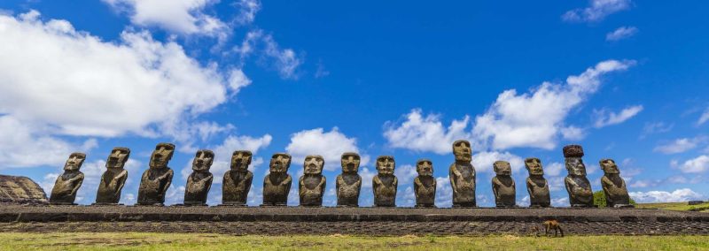 A panorama of the Ahu Tongariki, the crown jewel of the moai stone monuments on Easter Island.