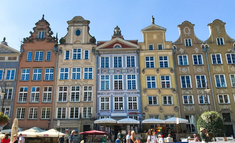 Pretty rowhouses overlooking the main square of Old Gdansk, Poland.