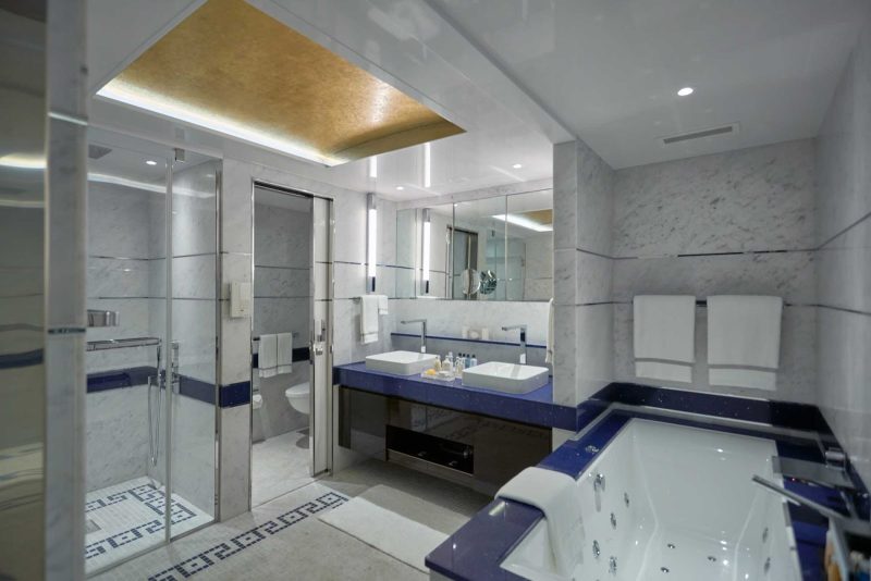 A look at the luxurious marble-laden bathroom in the Seven Seas Suite on Seven Seas Explorer.
