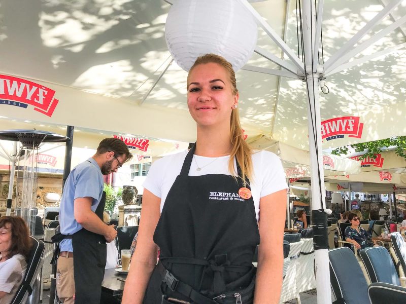 A Polish waitress at a cafe in Old Gdansk.