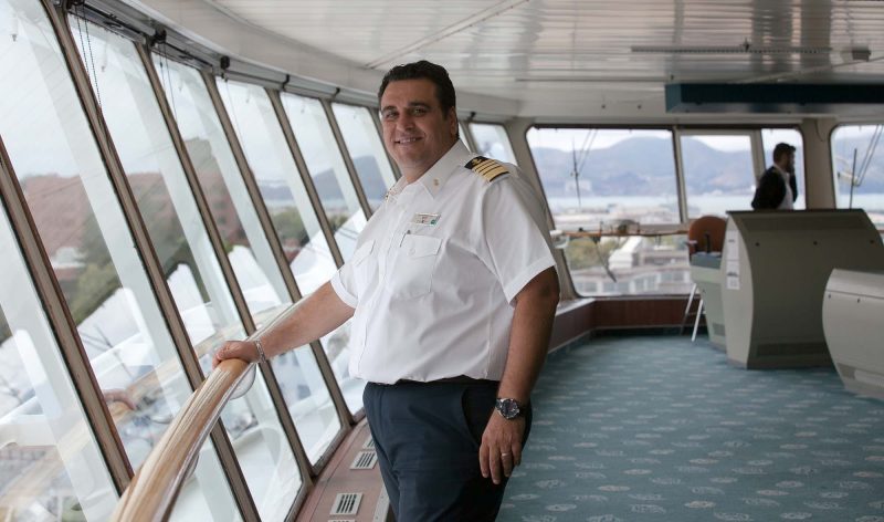 Captain Michael Sympouras on the bridge of Celebrity Infinity before a 12-day San Francisco-to-Alaska sailing.