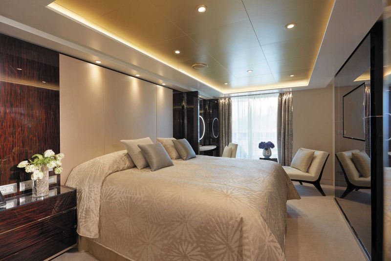 At 821 to 918 total square feet, the Seven Seas Suite on Seven Seas Explorer features a spacious bedroom, 1 1/2 marble bathrooms, a large living room and private balcony. 