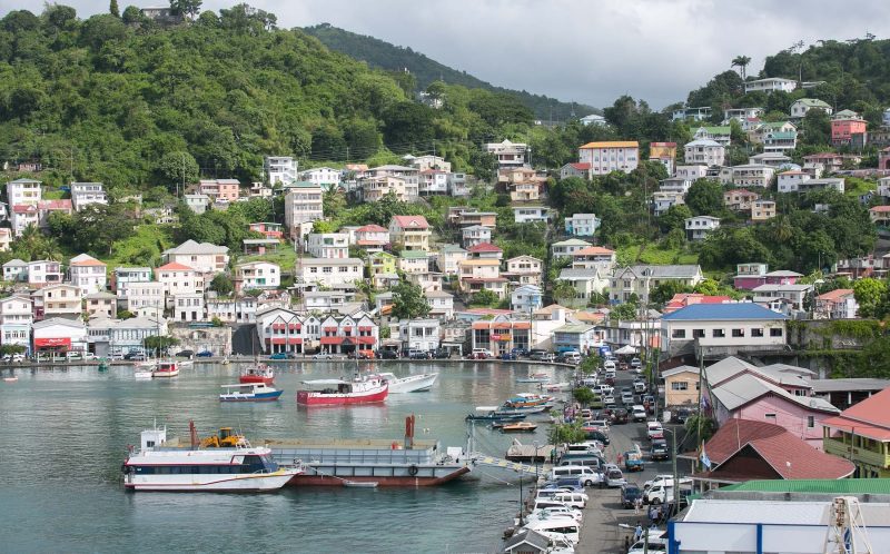 Houses overlook the harbor of St. George's, Grenada.