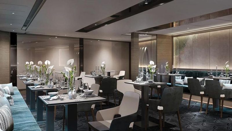 The Evrima Room is the main complimentary restaurant overseen on the new luxury yacht Evrima.