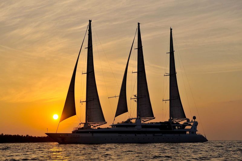 Le Ponant at sunset. The beautiful sailing ship explores the Mediterranean, Caribbean, Indian Ocean and other exotic destinations.