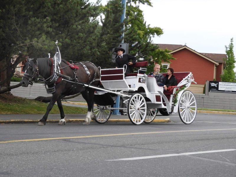 A horse-drawn carriage takes visitors along the waterfront of Victoria, British Columbia.