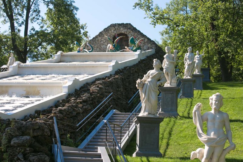 The 500-acre gardens of Peterhof Palace near St. Petersburg, Russia, boast more than 200 fountains.