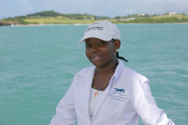 Michelle, one of the deck hands on Shadowfax during a Champagne and Lobster excursion in Grenada.