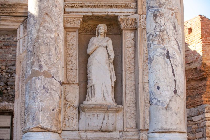 Four statues on the front side of the Library of Celsus depict Wisdom, Virtue, Intellect and Knowledge.