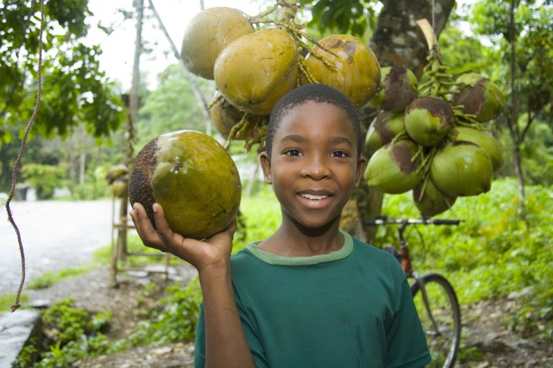 A boy at a fruit stand in Jamaica.