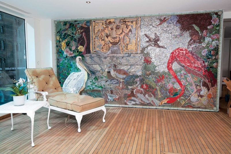 The handcrafted mosaic artwork is a luxurious feature of the S.S. Antoinette's indoor heated swimming pool.