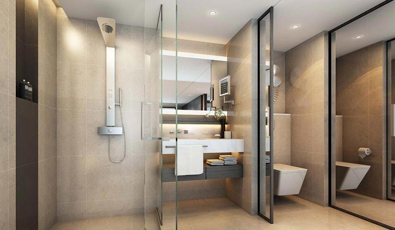 A look at the elegantly appointed bathroom in a Deluxe Suite on Scenic Aura.