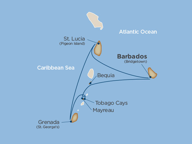 The Jewels of the Windward Islands itinerary starts and ends in Barbados.