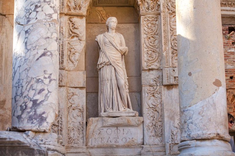 Four statues on the front side of the Library of Celsus depict Wisdom, Virtue, Intellect and Knowledge.