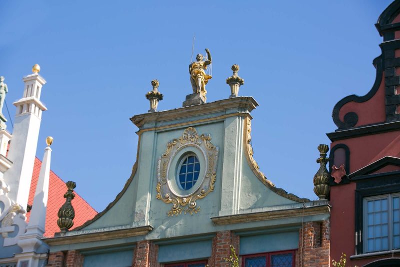 Closeup of buildings on Long Market Street in Old Gdansk, Poland.