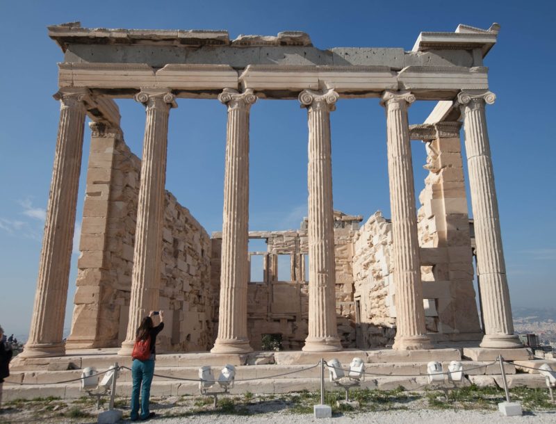 The Erechtheion or Erechtheum, an ancient Greek temple on the north side of the Acropolis in Athens dedicated to Athena and Poseidon.