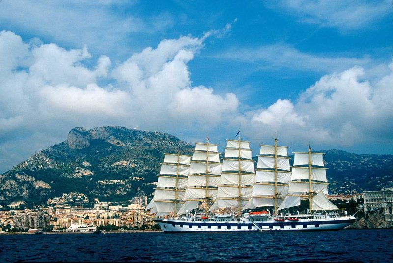 The Royal Clipper sails in the Mediterranean in the south of France.
