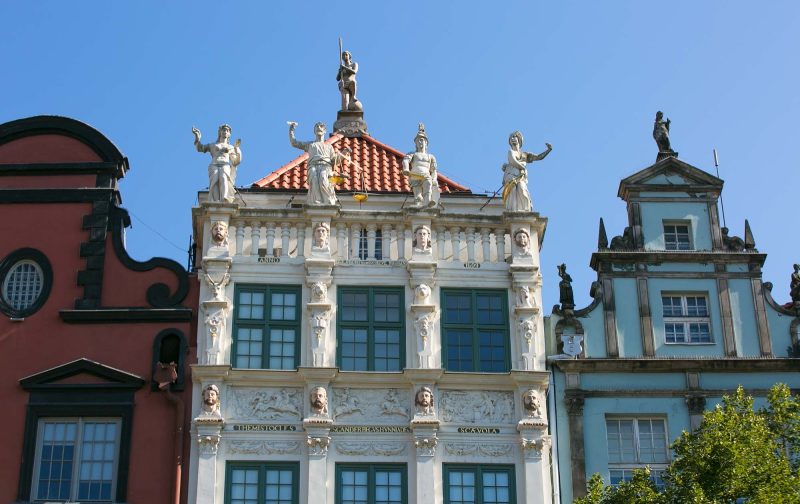 Facade of historic building in the old town in Gdansk, Poland.
