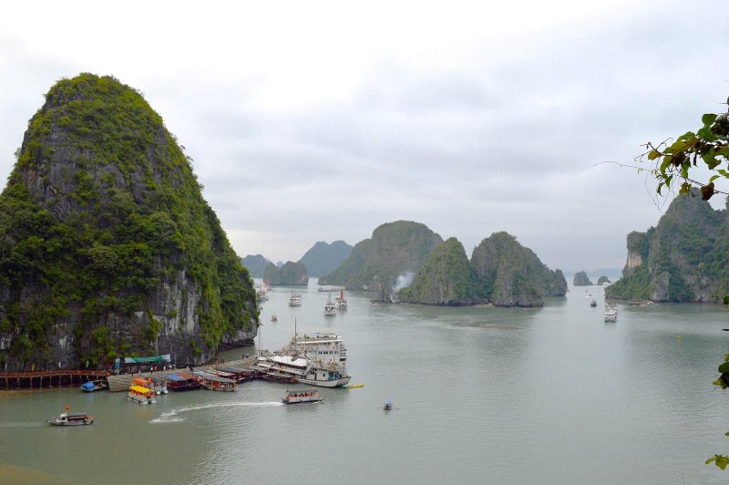 A popular stopping place along Ha Long Bay in Vietnam features a dock, shops and a chance to swim.