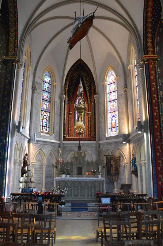 The peaceful interior of Chappelle Notre Dame des Flots near the port of Le Havre, France.