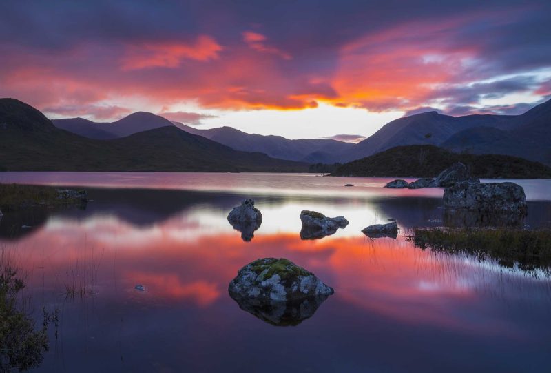 Sunset at Lochan na h-Achlaise on Rannoch Moor in central Scotland.