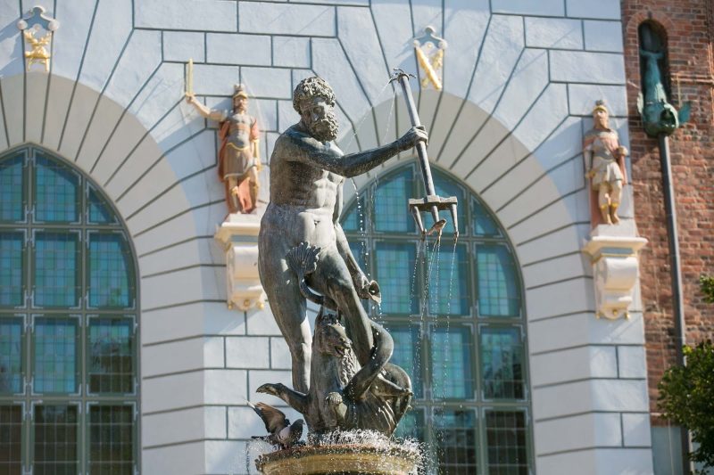 Bronze statue of King Neptune, which went on display in 1633, on Long Market Street in Old Gdansk, Poland.