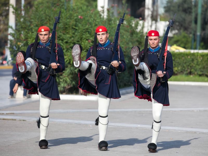 The Evzones' Changing of the Guard ceremony in Athens takes place on the hour 24 times a day.  