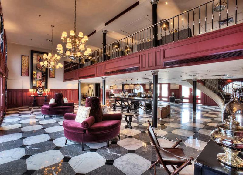 The reception area and lobby of ms Mayfair, which carries just 150 guests along the Nile River in spacious suites and staterooms.