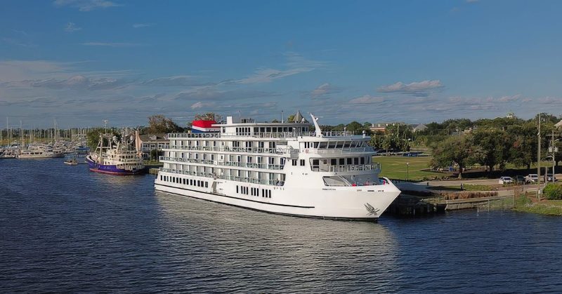 The 130-passenger American Pioneer at dockside. 