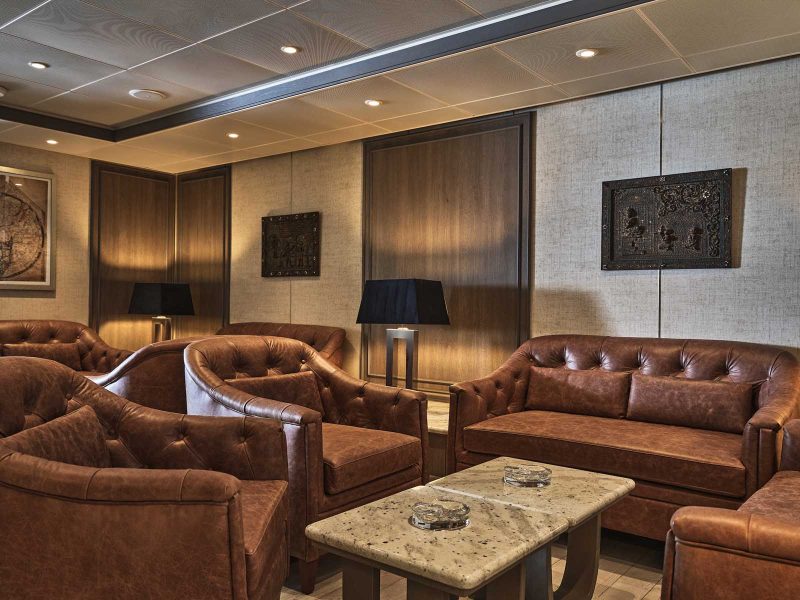 The elegant interior of Connoisseurs Corner, the quiet retreat aboard Silver Moon.