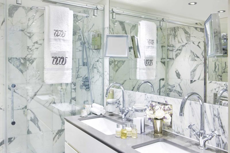 The finely appointed bathroom in a suite aboard Uniworld's River Duchess.