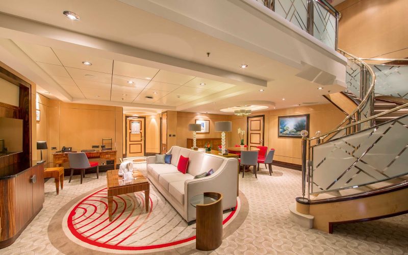 The living area of the elegant two-level Duplex suite on Queen Mary 2.