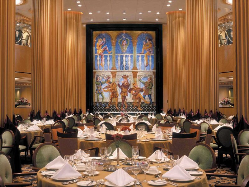 The two-tier Minstrel Dining Room, the main restaurant on Brilliance of the Seas, offers complimentary multi-course dining for breakfast, lunch and dinner.