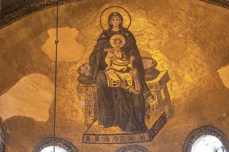 The Virgin and Child mosaic is located on the half dome of the apse inside Hagia Sophia in Istanbul. It dates from 867 A.D.