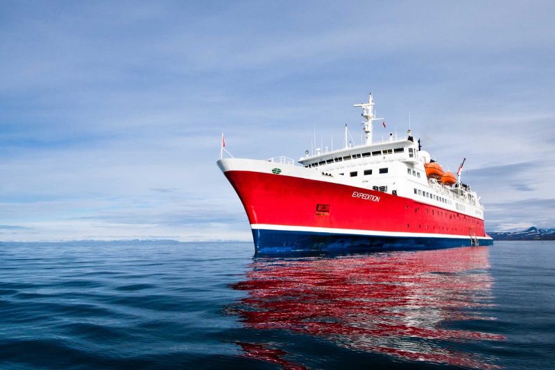 The ship Expedition from G Adventures during a sailing in the Arctic Ocean.