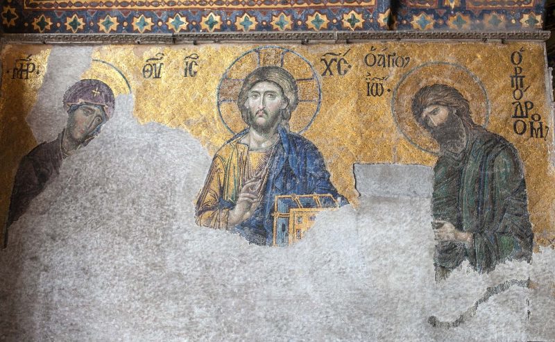 The Deësis mosaic at Hagia Sophia dates from 1261 and depicts the Virgin Mary and John the Baptist imploring Christ on behalf of humanity on Judgment Day.