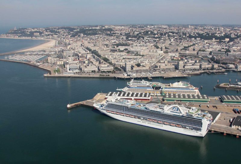 Princess and Aida ships are docked in the cruise ship terminal in Le Harve, France, centrally located at Pointe de Floride.