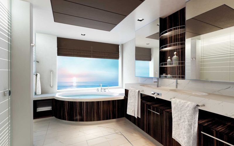 A two-bedroom Family Villa bathroom in the Haven area of Norwegian Bliss. 