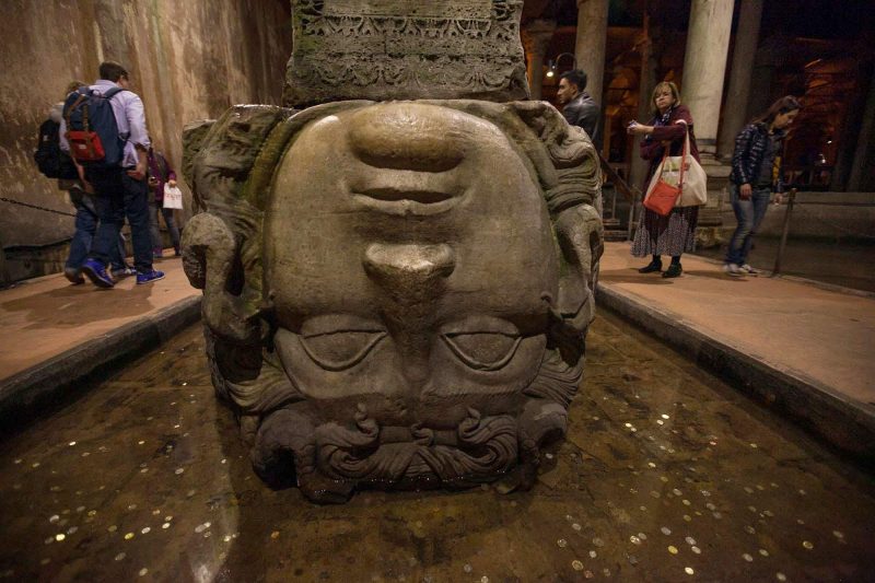 The upside-down Medusa carved into the base of a column at the back of the Basilica Cistern in Istanbul.