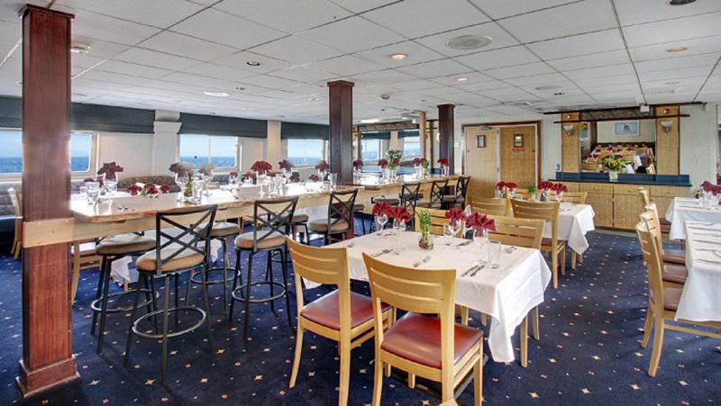 The main dining room on Wilderness Explorer from Un-Cruise Adventures. 