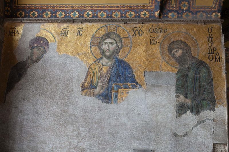 A relief of Jesus Christ and two of the apostles inside Hagia Sophia in Istanbul.