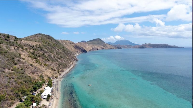 Drone image of pretty Frigate Bay in St. Kitts, looking south.