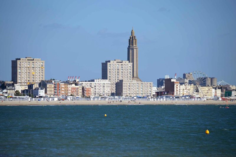 The modern skyline of Le Havre, France, as seen from the sea.