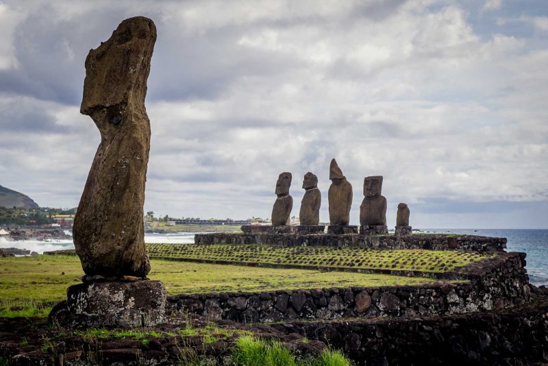 The dramatic moai of Easter Island (Rapa Nui) stand guard after years of wind and rain.