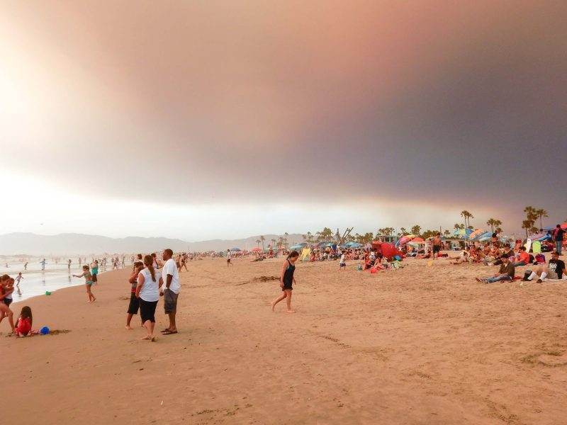 A moody sky over Venice Beach, Calif., during a wildfire in the foothills to the east.