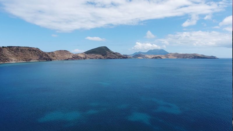 The aquamarine waters of Frigate Bay in St. Kitts (drone photo).